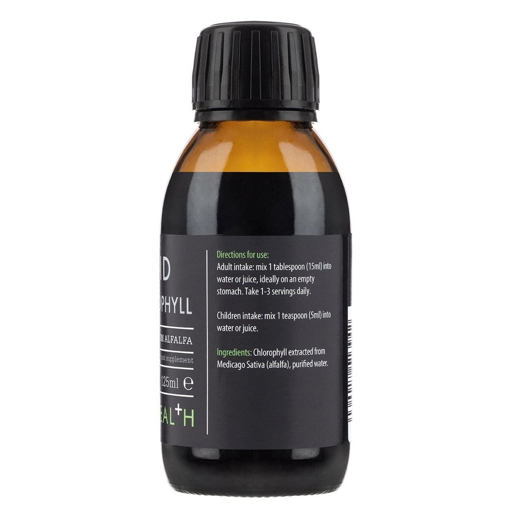 Kiki Health Liquid Chlorophyll supplement in 125ml bottle with green liquid, shown in a clear glass on a white background.