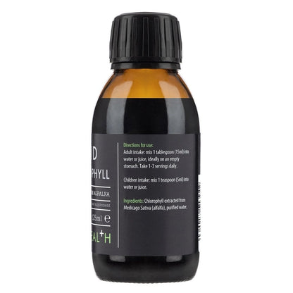 Kiki Health Liquid Chlorophyll supplement in 125ml bottle with green liquid, shown in a clear glass on a white background.