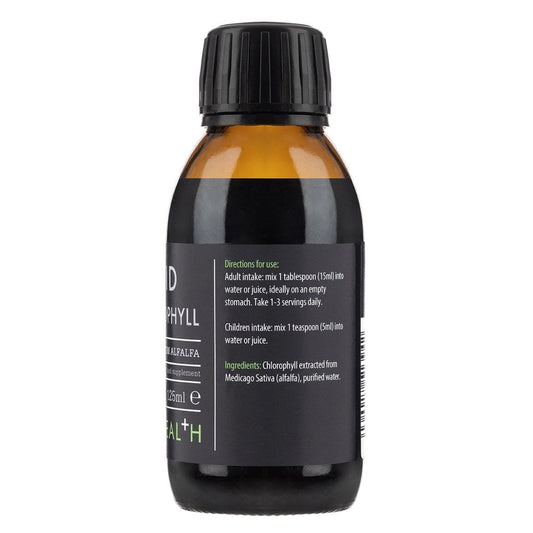 Kiki Health Liquid Chlorophyll supplement in 125ml bottle with green liquid, shown in a clear glass on a white background.