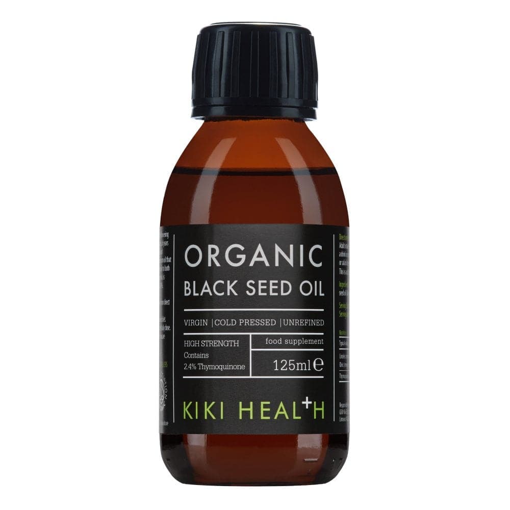 Organic Black Seed Oil supplement by Herbalistas, 125ml bottle of Kiki Health with dark glass container and dropper cap.