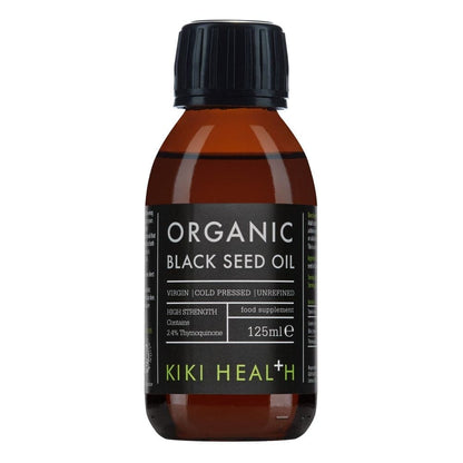 Organic Black Seed Oil supplement by Herbalistas, 125ml bottle of Kiki Health with dark glass container and dropper cap.
