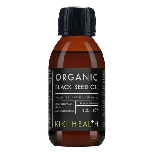 Organic Black Seed Oil supplement by Herbalistas, 125ml bottle of Kiki Health with dark glass container and dropper cap.