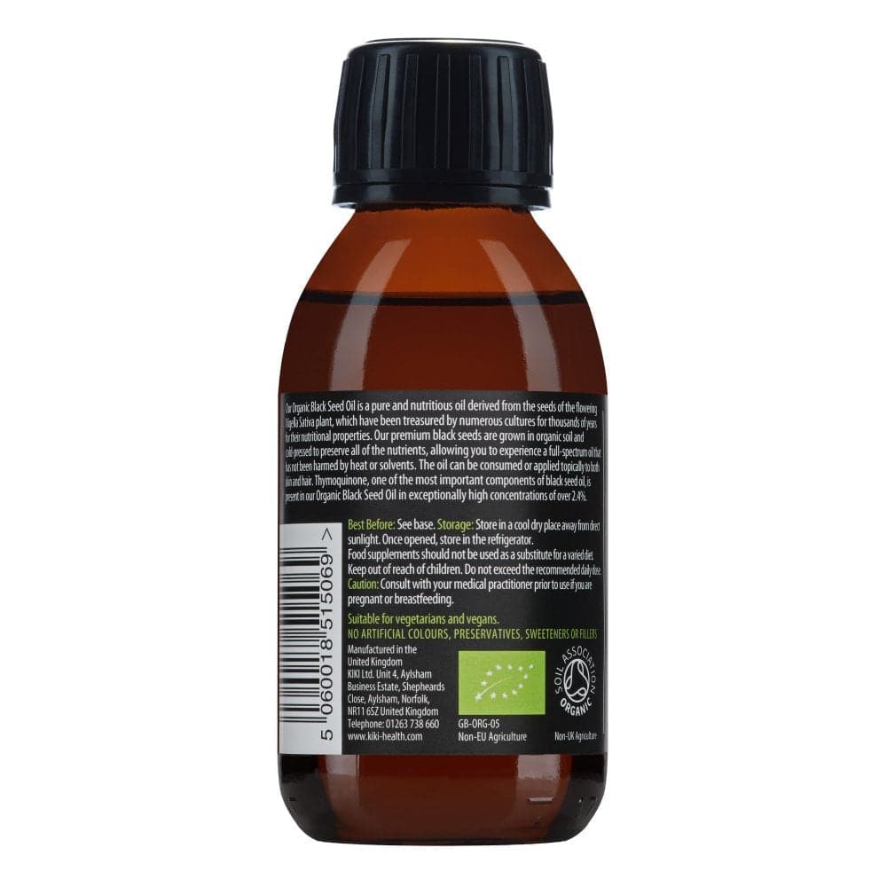 Organic black seed oil supplement by Herbalistas in a 125ml bottle, showing the dark liquid inside the glass bottle.