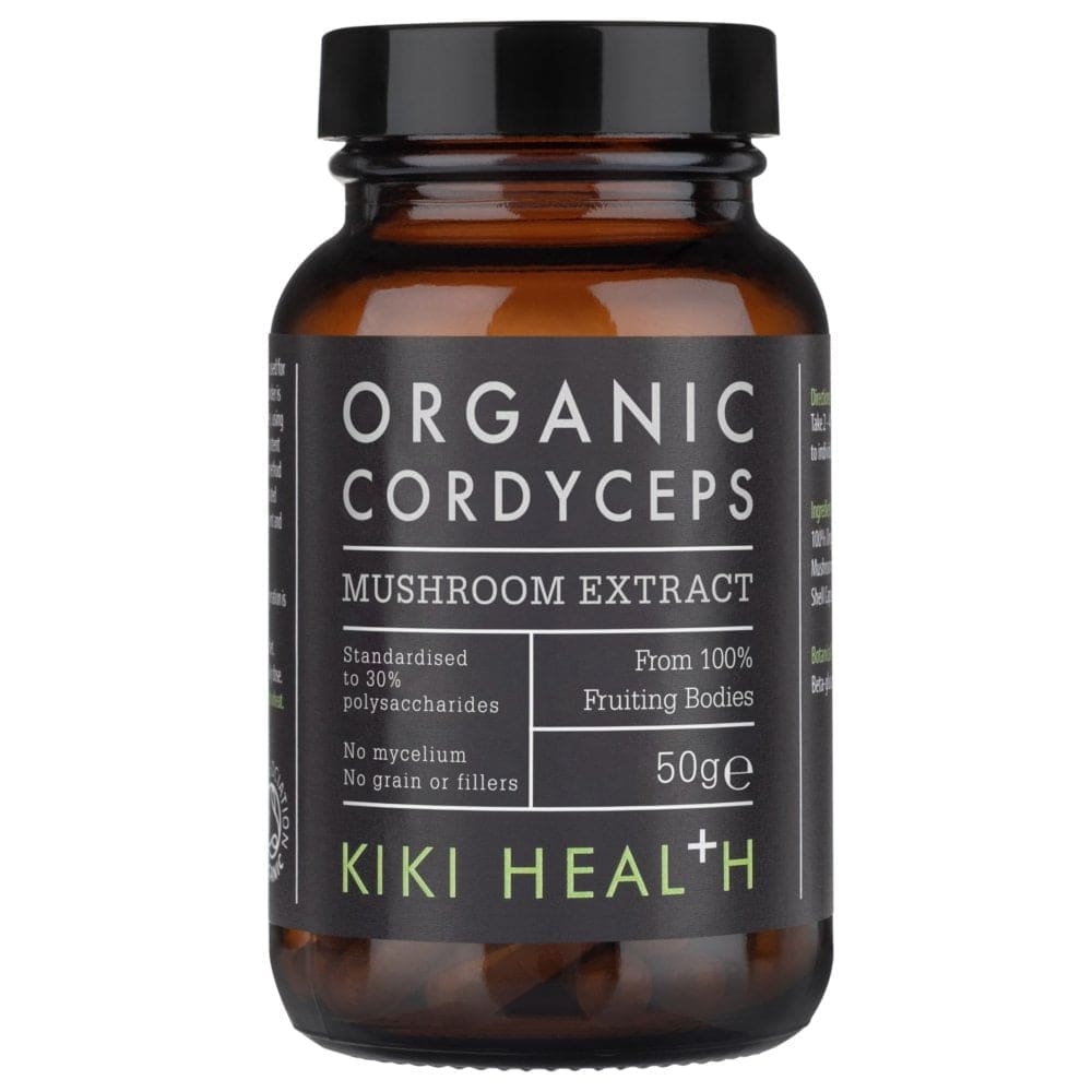 Organic Cordyceps Mushroom Extract Powder by Herbalistas, 50g supplement in a resealable bag, natural mushroom powder for health support.