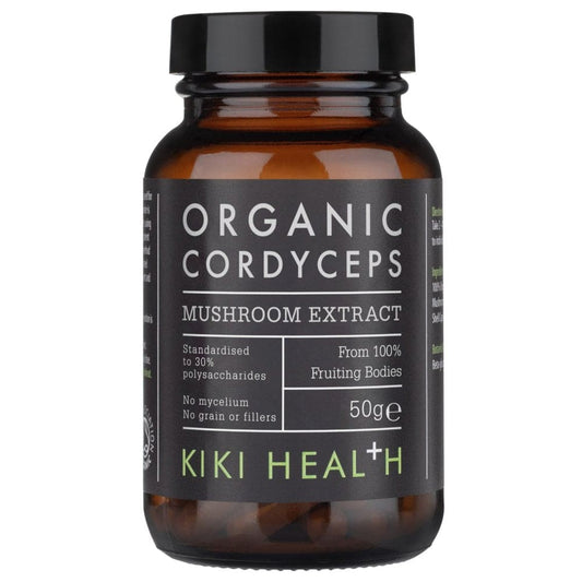 Organic Cordyceps Mushroom Extract Powder by Herbalistas, 50g supplement in a resealable bag, natural mushroom powder for health support.