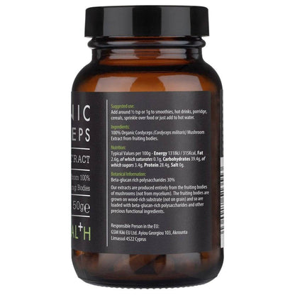 Organic Cordyceps Mushroom Extract Powder from Kiki Health by Herbalistas, 50g supplement in a resealable pouch.