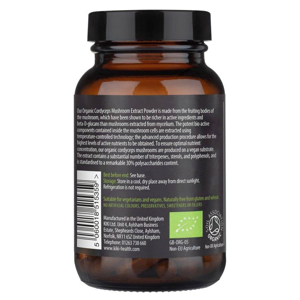 Organic Cordyceps Mushroom Extract Powder by Herbalistas, 50g supplement in a resealable bag with a natural earthy appearance.