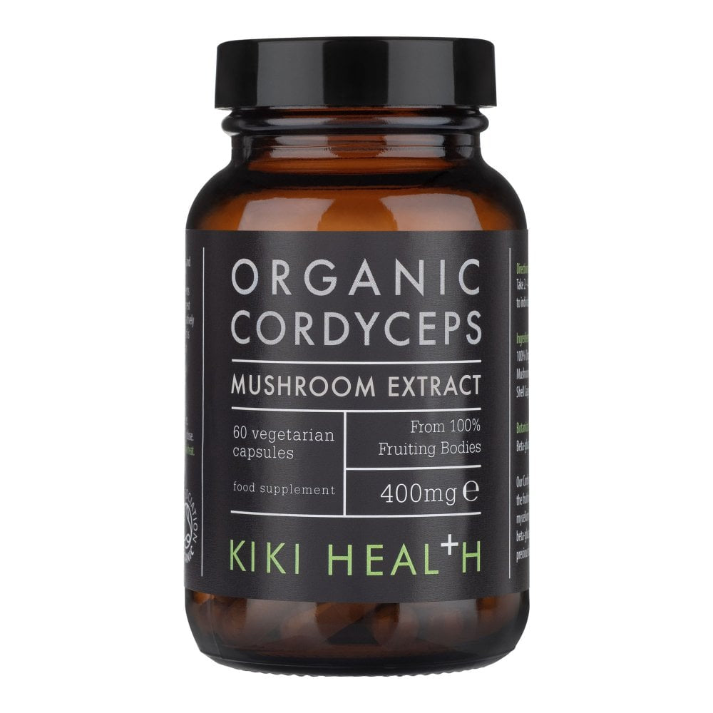 Kiki Health Organic Cordyceps Mushroom Extract in 60 Vegicaps, showcasing the bottle and capsules with a clean background.