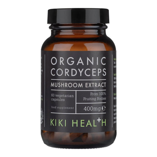 Kiki Health Organic Cordyceps Mushroom Extract in 60 Vegicaps, showcasing the bottle and capsules with a clean background.