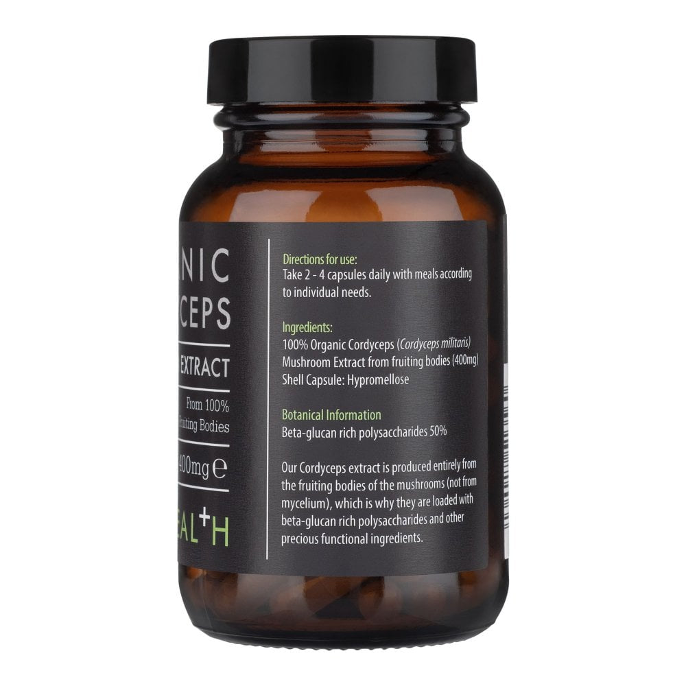 Kiki Health Organic Cordyceps Mushroom Extract in 60 vegicaps, showcasing the bottle and capsule design on a clean background.