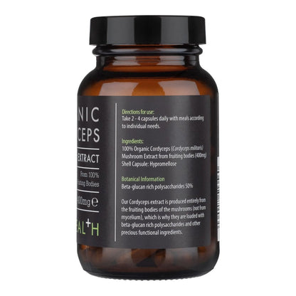 Kiki Health Organic Cordyceps Mushroom Extract in 60 vegicaps, showcasing the bottle and capsule design on a clean background.