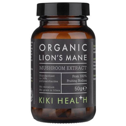 Kiki Health Organic Lion's Mane Mushroom Extract Powder supplement in 50g package, herbal health product with mushroom powder.