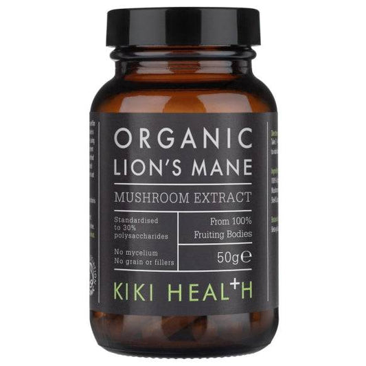 Kiki Health Organic Lion's Mane Mushroom Extract Powder supplement in 50g package, herbal health product with mushroom powder.