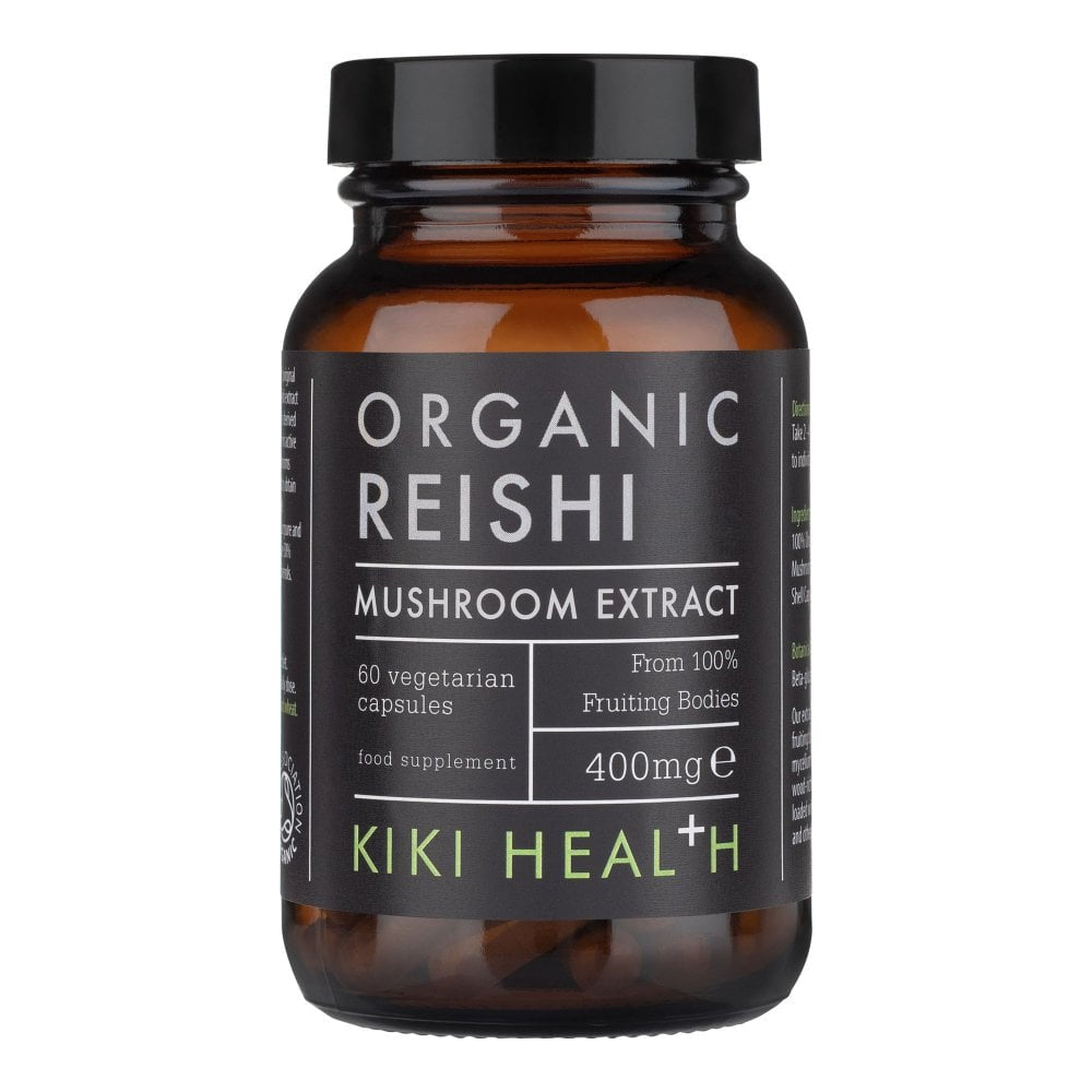 Organic Reishi Mushroom Extract supplement by Herbalistas, 60 veggie capsules, showcasing the supplement bottle and capsules.