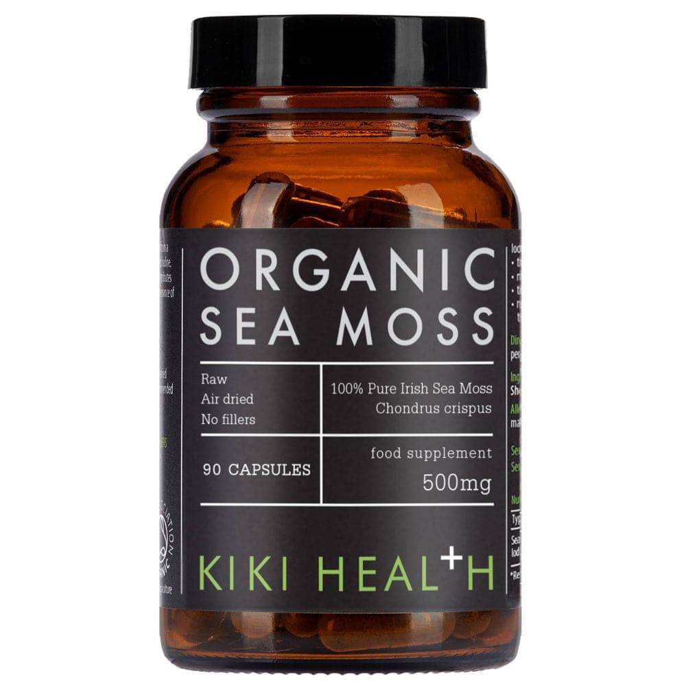 Organic Irish Sea Moss supplement by Herbalistas in 90 vegan capsules, showcasing the Vegicaps packaging.