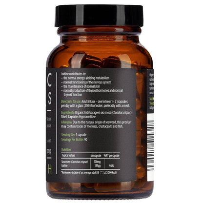 Organic Irish Sea Moss supplement by Herbalistas in 90 vegan capsules, showcasing the green sea moss in a clear bottle.