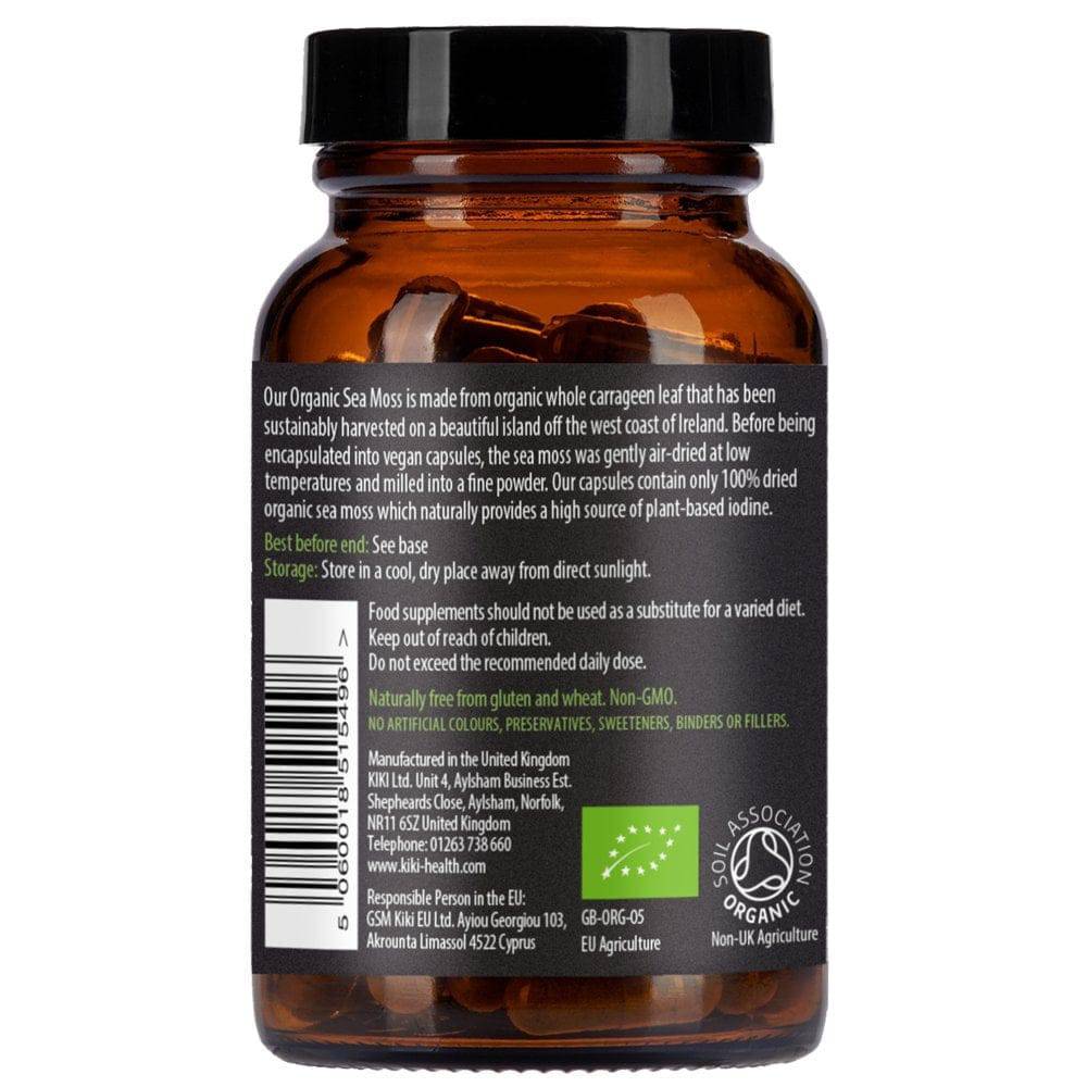 Organic Irish Sea Moss supplement by Herbalistas in 90 vegan capsules, showing the capsule bottle and label.