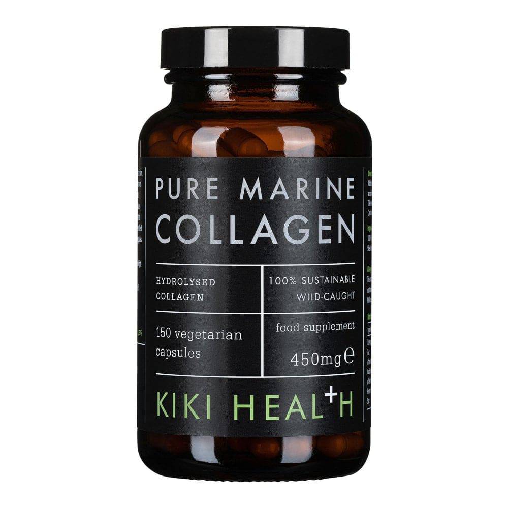 Kiki Health Pure Marine Collagen supplement in 150 vegan capsules, showing the product bottle and label.
