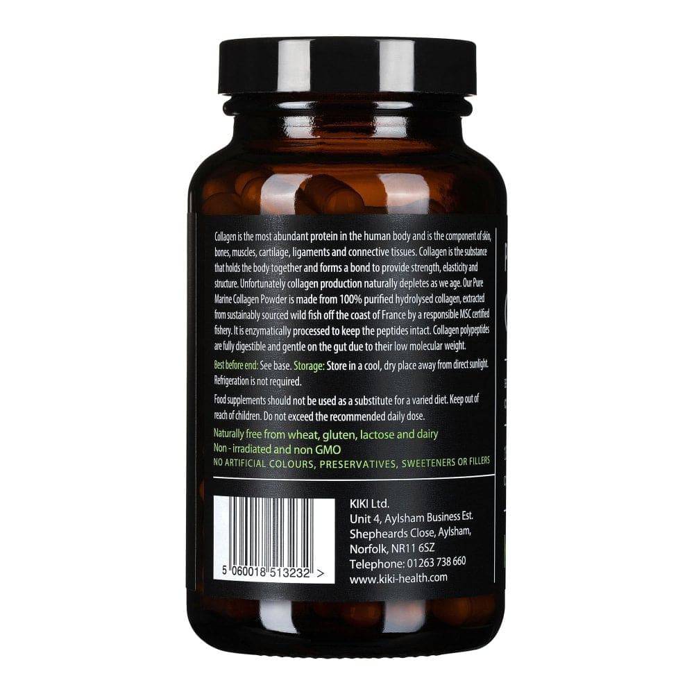 Kiki Health Pure Marine Collagen supplement in 150 vegicaps, featuring a bottle with a white label and blue cap.