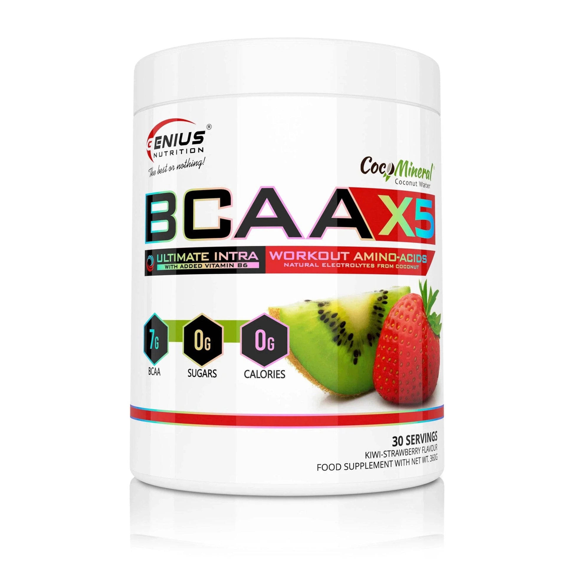 Genius Nutrition BCAA-X5 supplement with kiwi and strawberry flavor, 360g jar with 30 servings, showing the product packaging.
