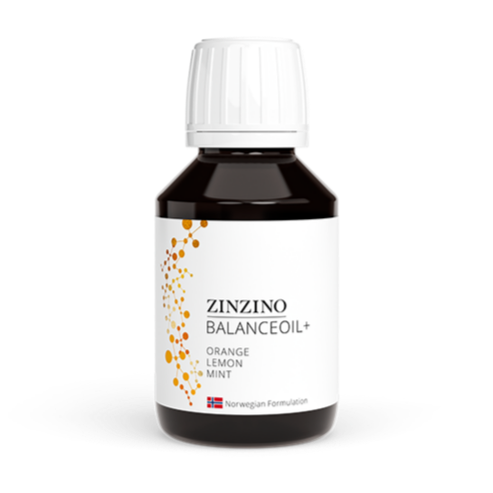 Zinzino BalanceOil+ Omega 3 supplement in orange, lemon, and mint flavor, 100 ml bottle with orange and mint ingredients visible.