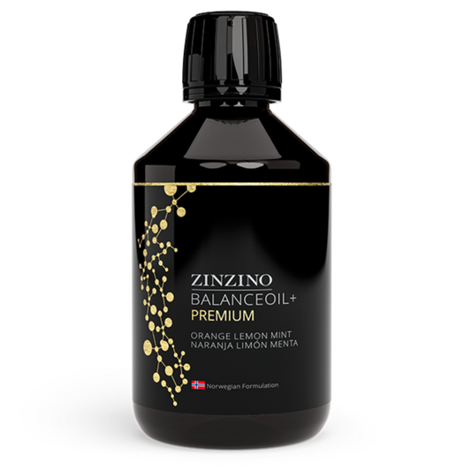 Zinzino BalanceOil+ Premium Omega 3 supplement in a 300 ml bottle with a clear label and dropper cap.