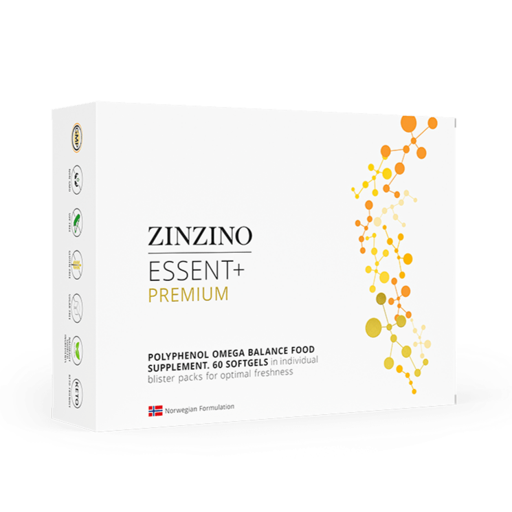 Zinzino Essent+ Premium Omega 3 softgels in a clear bottle, showing 60 softgel capsules for supporting heart and brain health.