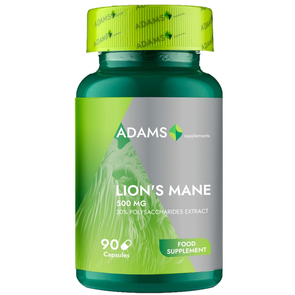 Adams Supplements Lion's Mane 500mg supplement bottle with 90 capsules, featuring natural mushroom extract for cognitive support.