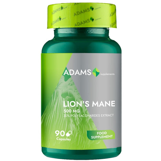 Adams Supplements Lion's Mane 500mg supplement bottle with 90 capsules, featuring natural mushroom extract for cognitive support.