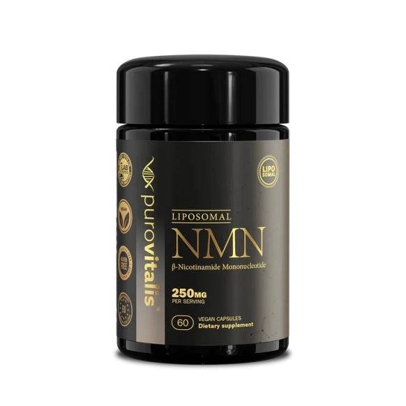 Liposomal NMN supplement in 60 vegan capsules by Herbalistas, shown in a bottle with capsules inside.