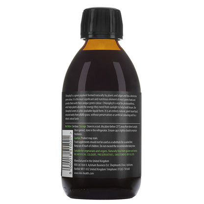 Herbalistas Kiki Health Liquid Chlorophyll supplement in a 250ml bottle, showing the back label with product details.