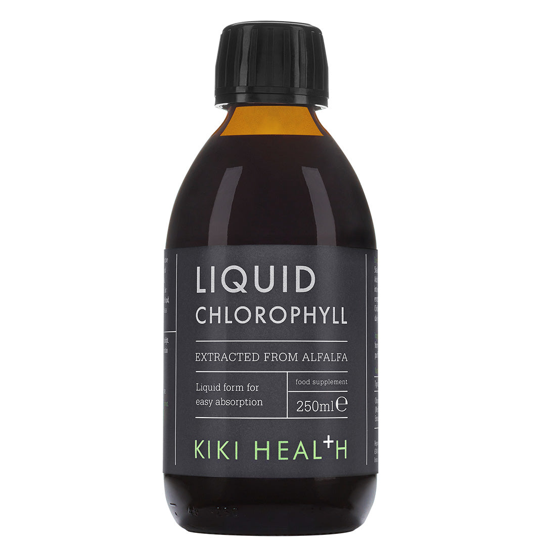 Liquid chlorophyll supplement in a 250ml bottle from Kiki Health, branded Herbalistas, shown front view with green liquid inside.