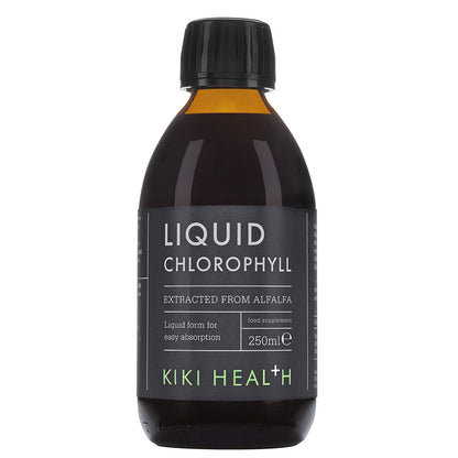 Liquid chlorophyll supplement in a 250ml bottle from Kiki Health, branded Herbalistas, shown front view with green liquid inside.