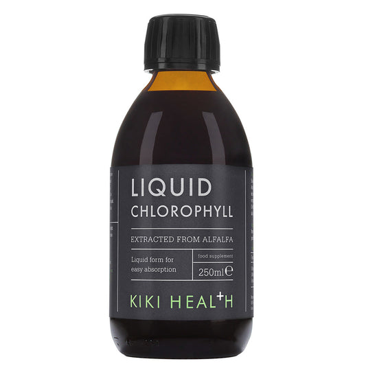 Liquid chlorophyll supplement in a 250ml bottle from Kiki Health, branded Herbalistas, shown front view with green liquid inside.