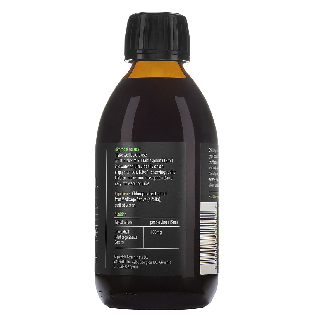 Kiki Health Liquid Chlorophyll supplement in a 250ml bottle, natural green liquid shown in a clear container.