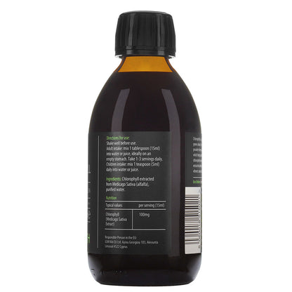 Kiki Health Liquid Chlorophyll supplement in a 250ml bottle, natural green liquid shown in a clear container.