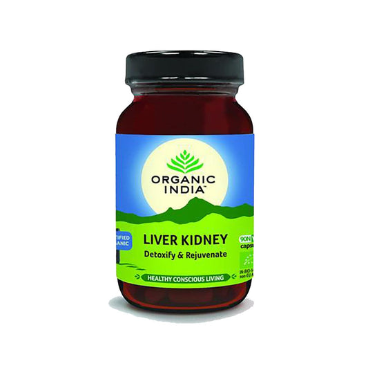 Organic India Liver-Kidney Care supplement capsules in a bottle, designed for liver and kidney health, by Herbalistas.