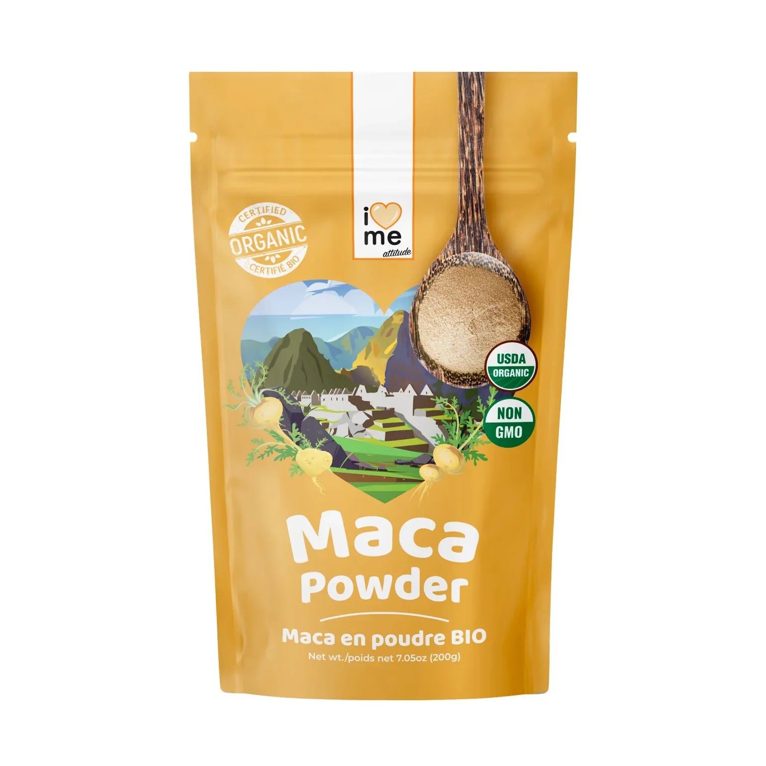 Organic I LOVE ME Herbalistas Maca Powder in a 200g package, showing the brown powder in a clear container.
