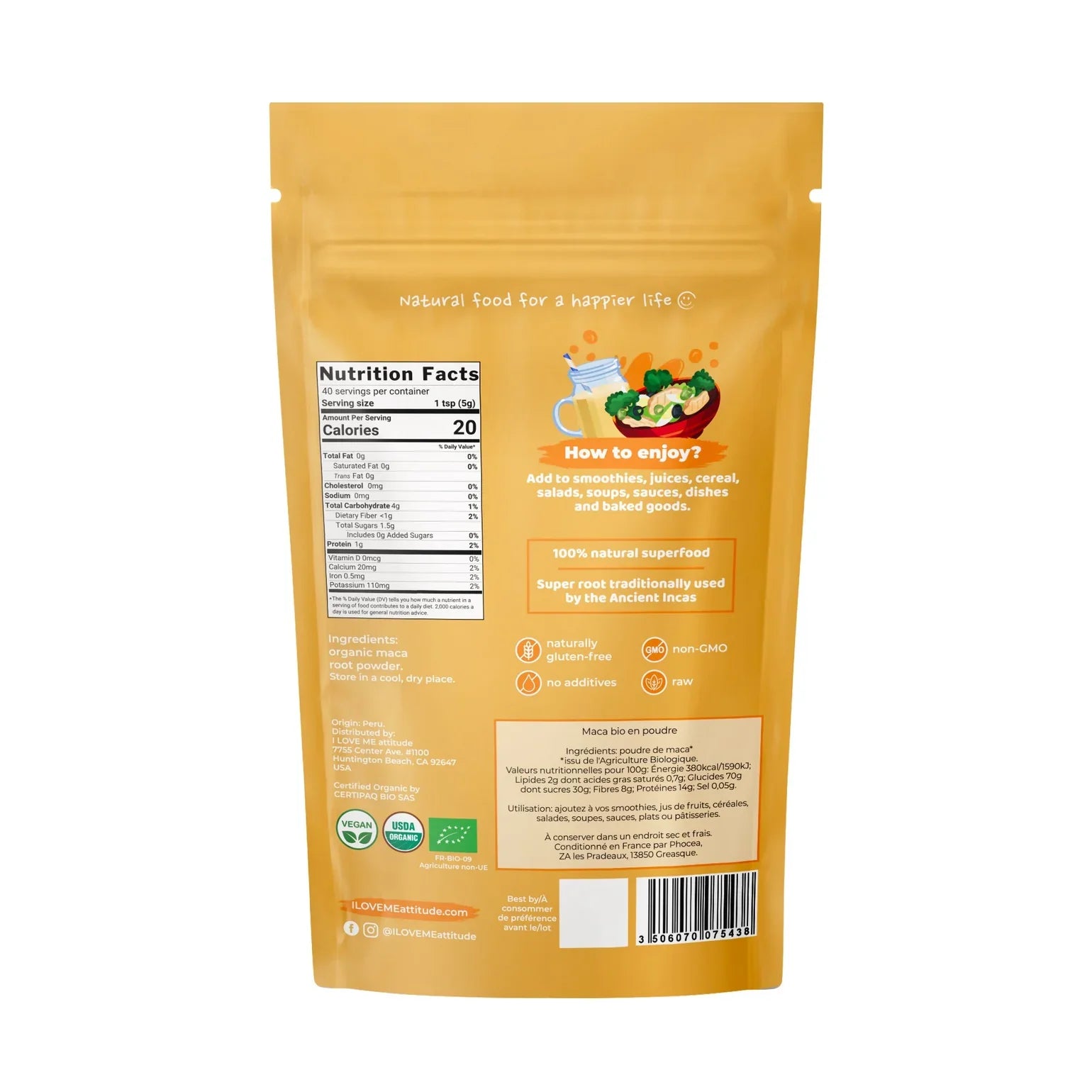 Organic Maca Powder supplement from Herbalistas, 200g, showing a close-up of the brown powder in a jar.