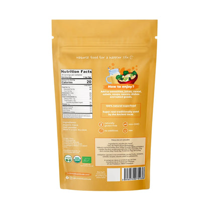 Organic Maca Powder supplement from Herbalistas, 200g, showing a close-up of the brown powder in a jar.