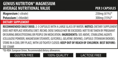 Genius Nutrition Magnesium supplement capsules in a bottle, showcasing the 90-count packaging and label details.