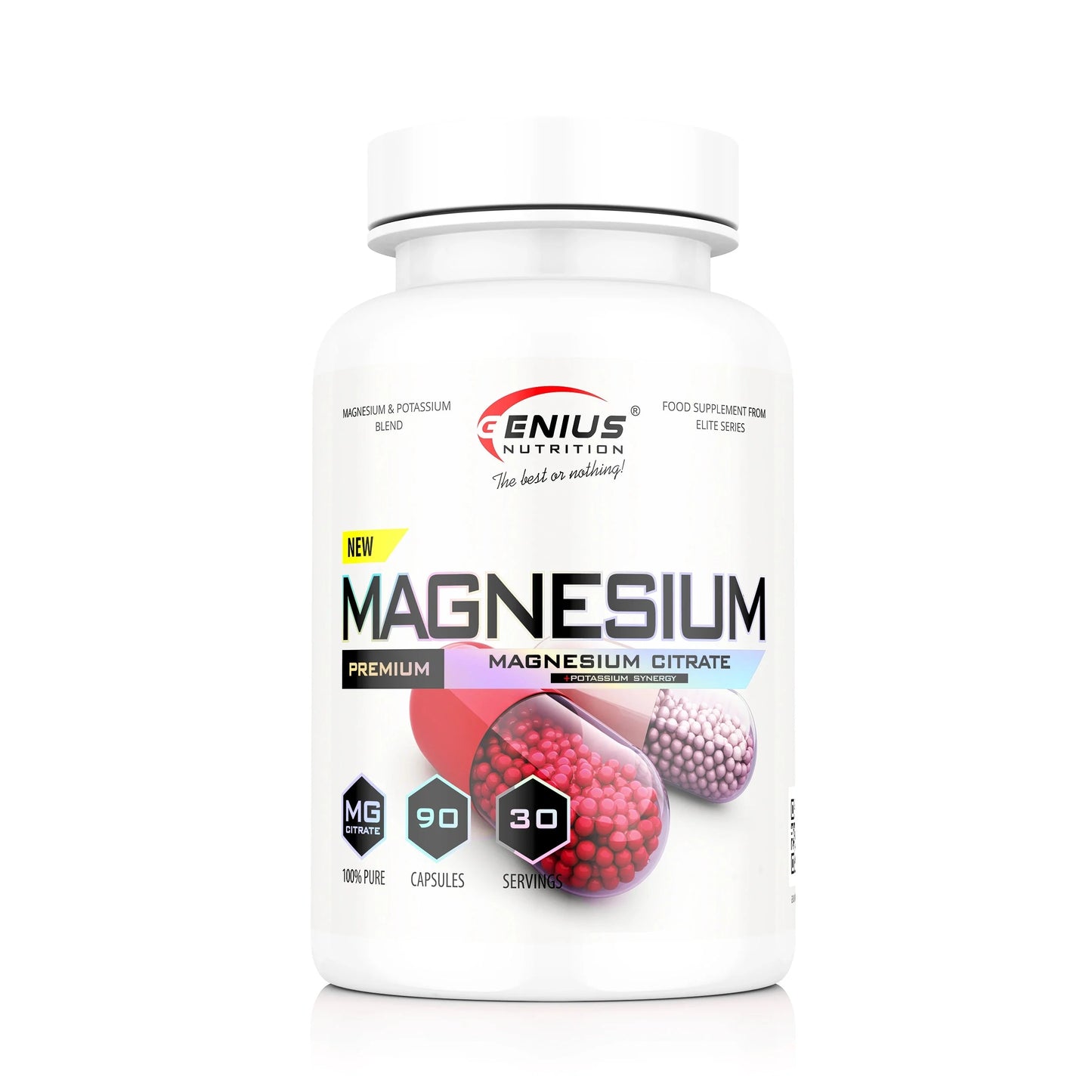 Genius Nutrition Magnesium supplement in a bottle with 90 capsules, promoting wellness and relaxation.