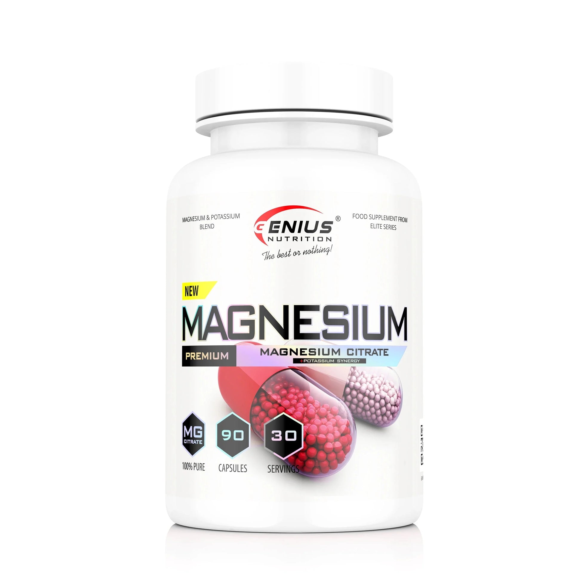 Genius Nutrition Magnesium supplement in a bottle with 90 capsules, promoting wellness and relaxation.