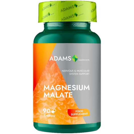 Adams Supplements Magnesium Malate bottle with 90 capsules, showcasing the label and product details.