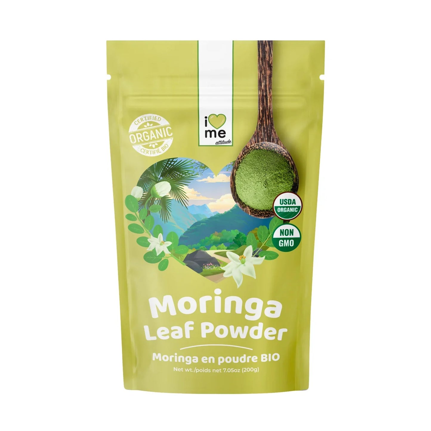 Organic Moringa powder supplement by Herbalistas, 200g, featuring vibrant green moringa leaves in a resealable bag.