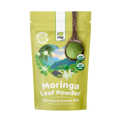 Organic Moringa powder supplement by Herbalistas, 200g, featuring vibrant green moringa leaves in a resealable bag.