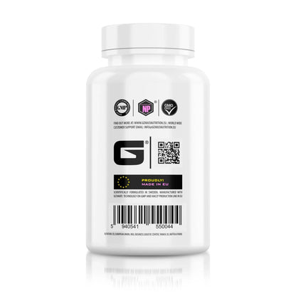Genius Nutrition MSM supplement bottle with 90 capsules, white background, showing label and product details.