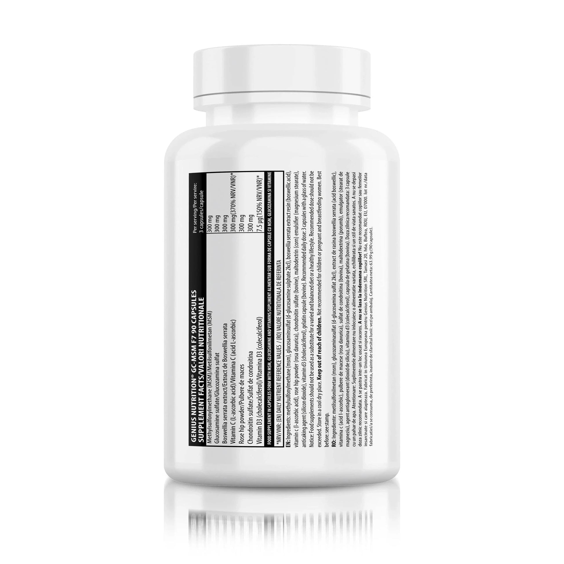 Genius Nutrition MSM supplement bottle with 90 capsules, no flavor, displayed on a white background.