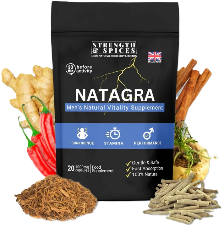 Natagra male vitality supplement by Strength & Spices, 20 capsules of 1000mg herbal formula for energy and stamina.