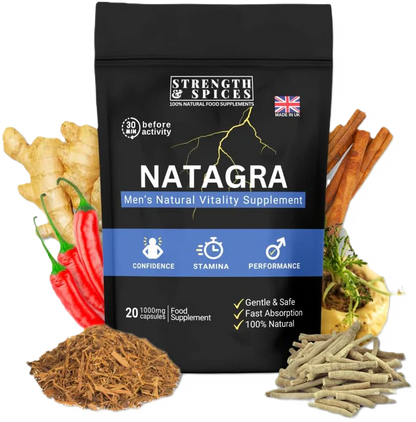 Natagra male vitality supplement by Strength & Spices, 20 capsules of 1000mg herbal formula for energy and stamina.